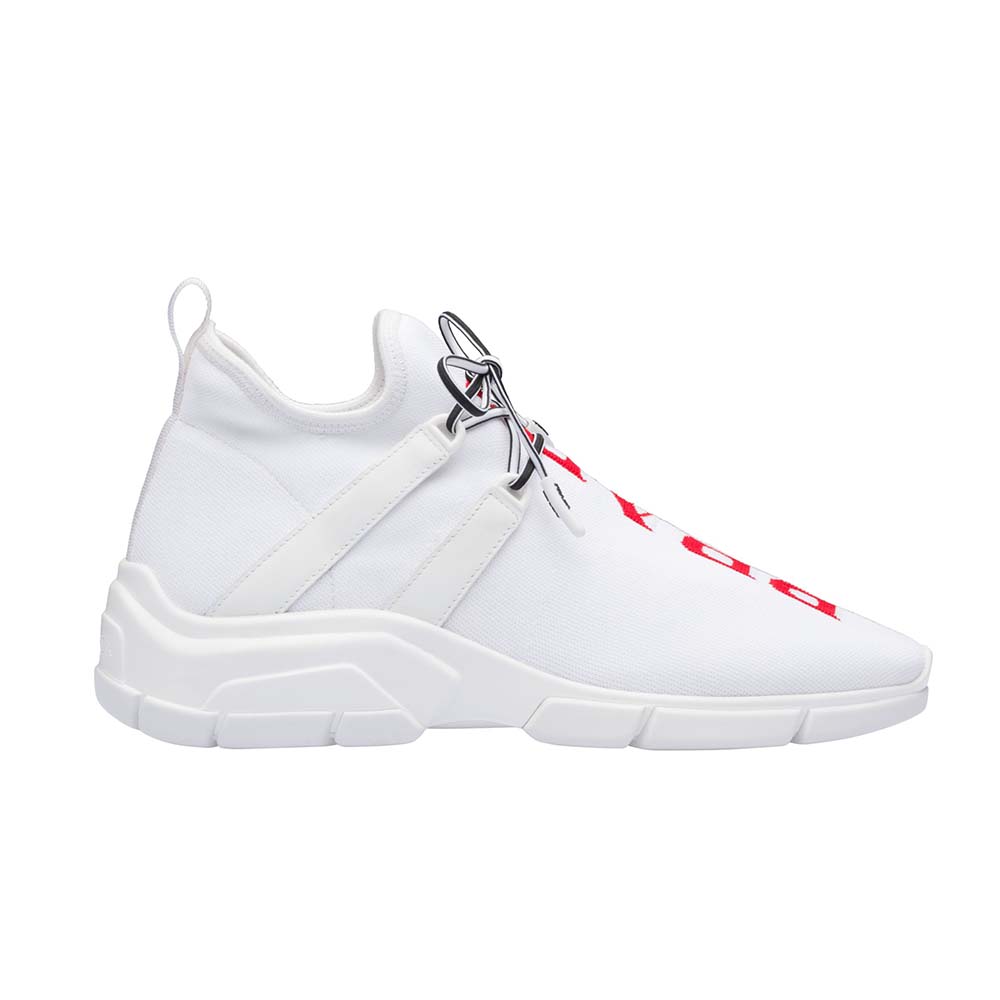 Side view of Prada Women Shoes Knit Sneakers 15mm Heel-White showing profile