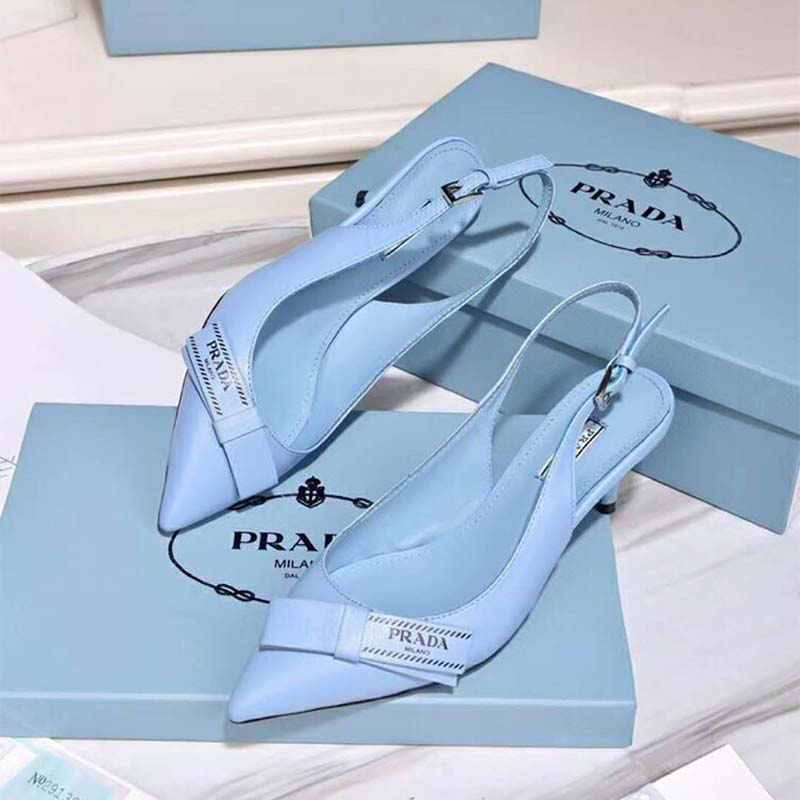 Top-down angle showing slingback strap and heel of Prada Leather Slingbacks