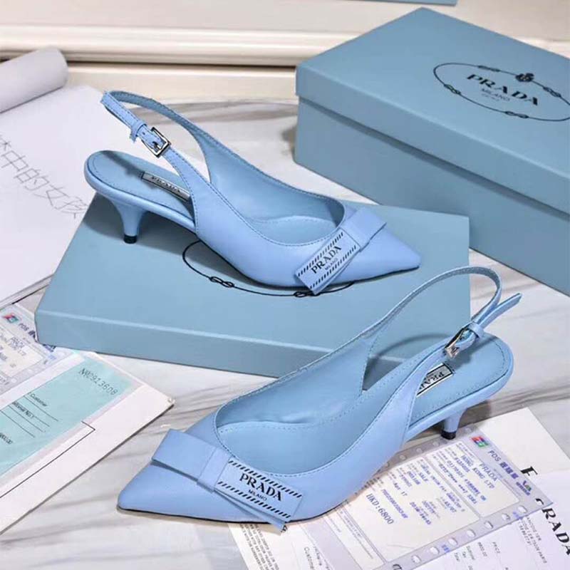 Prada Women Shoes Leather Slingbacks with Bow 55mm Heel-Blue - image 5