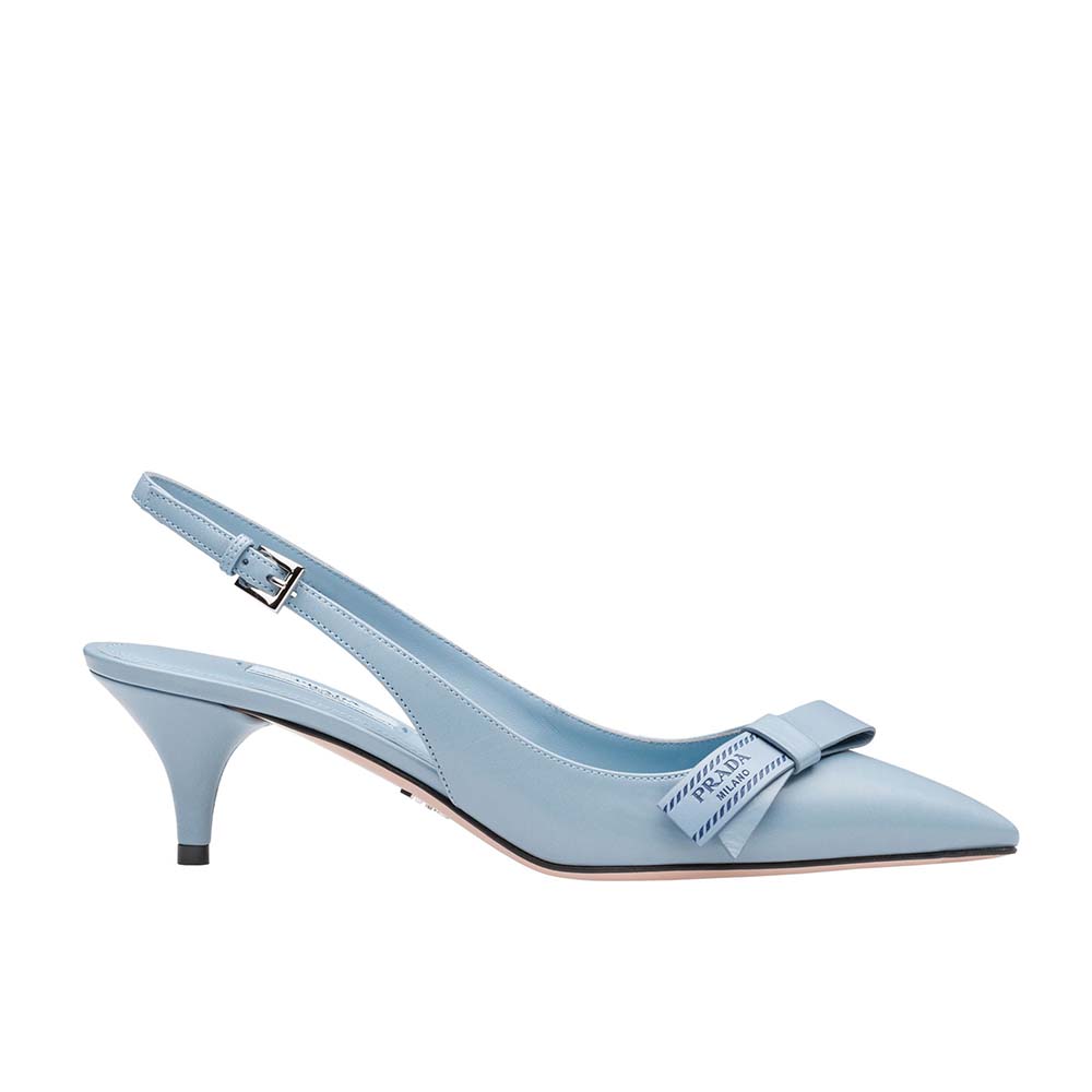 Side view of Prada Women Shoes Leather Slingbacks with Bow 55mm Heel-Blue