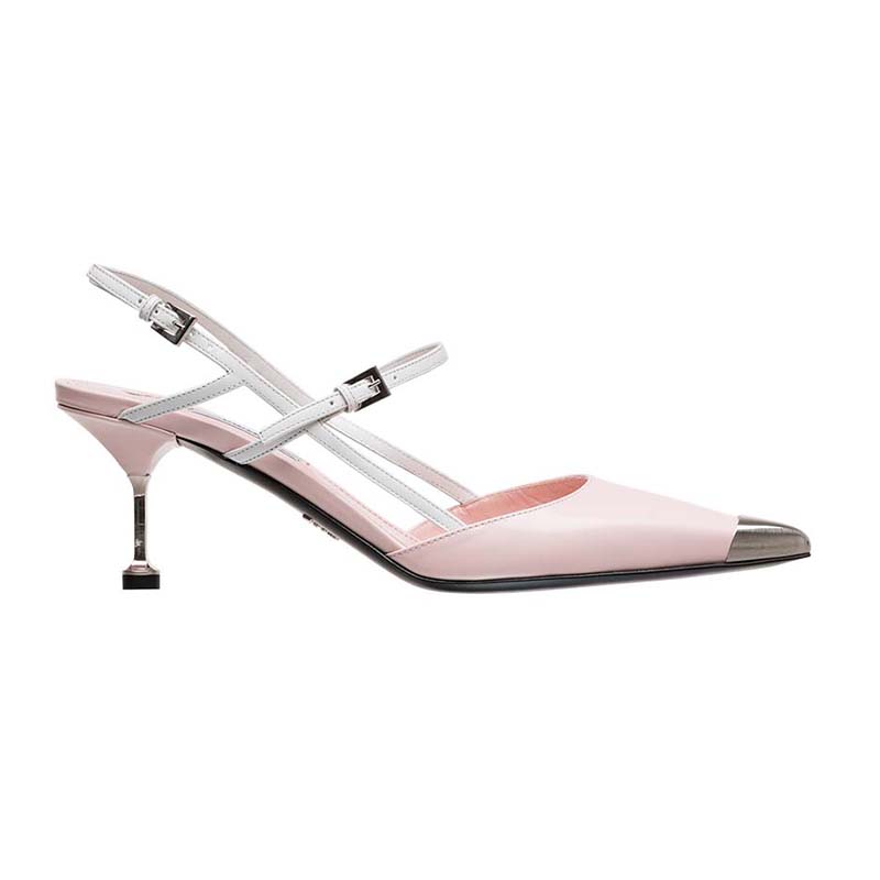 Side view of Prada Women Two-Tone Leather Pointy Toe Pumps Shoes Pink