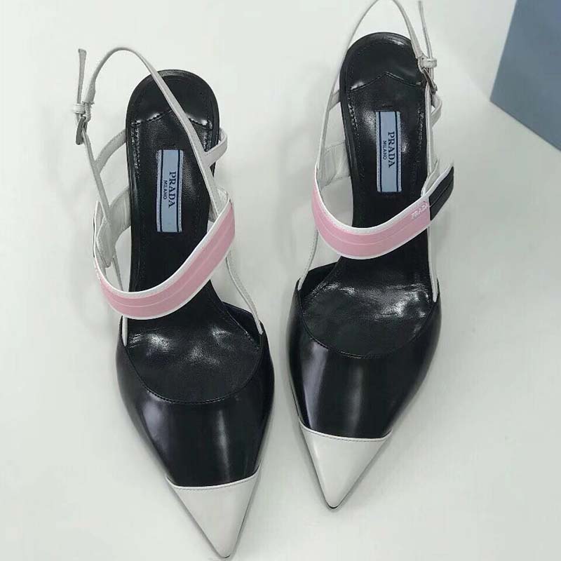 Top view showing slingback strap of Prada Women Two-Tone Leather Slingbacks Shoes-Black