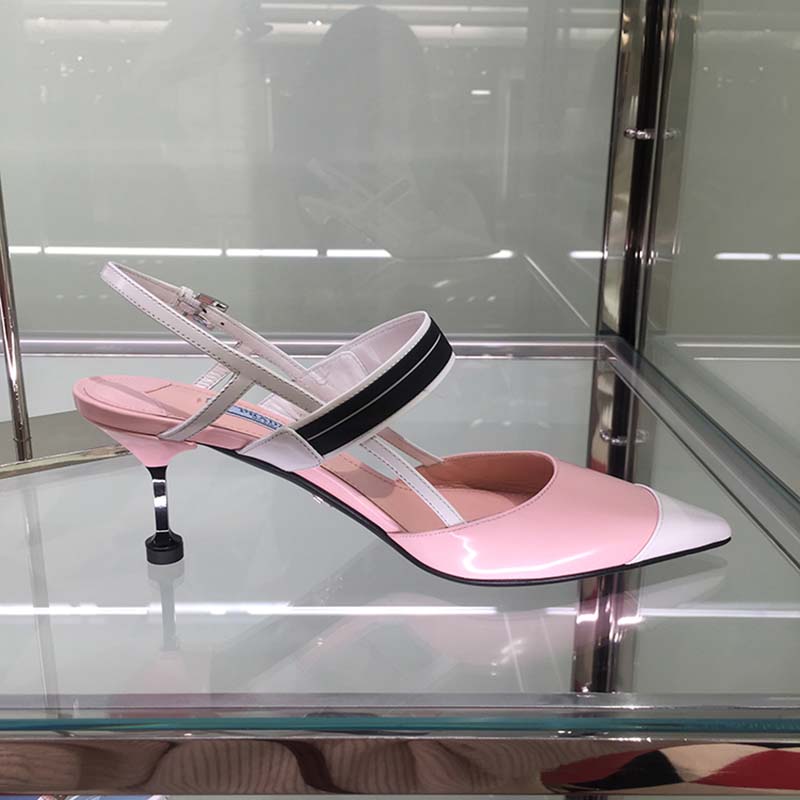Close-up on gold hardware detail of Prada Women Two-Tone Leather Slingbacks Shoes Pink