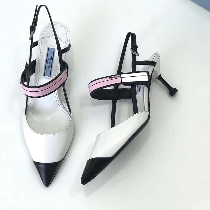 Overhead shot highlighting pointed toe and white leather of Prada Women Two-Tone Leather Slingbacks Shoes-White