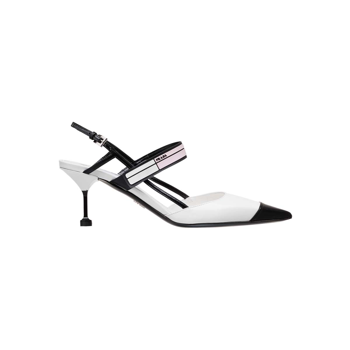 Side view of Prada Women Two-Tone Leather Slingbacks Shoes-White showing sleek silhouette