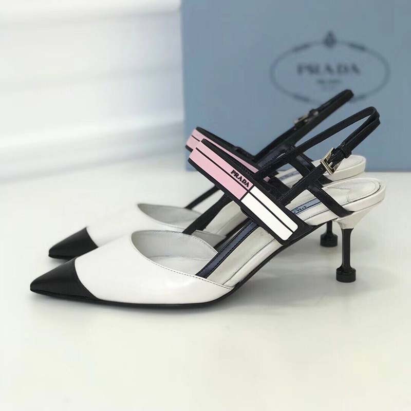 Close-up of slingback strap and two-tone detail on Prada Women Two-Tone Leather Slingbacks Shoes-White