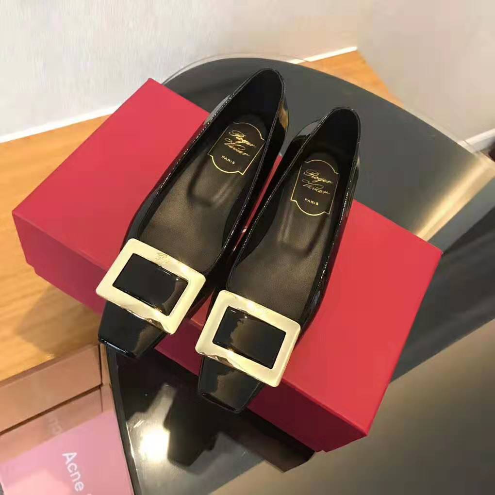 Top view of Roger Vivier Belle Vivier Pumps showing glossy patent leather