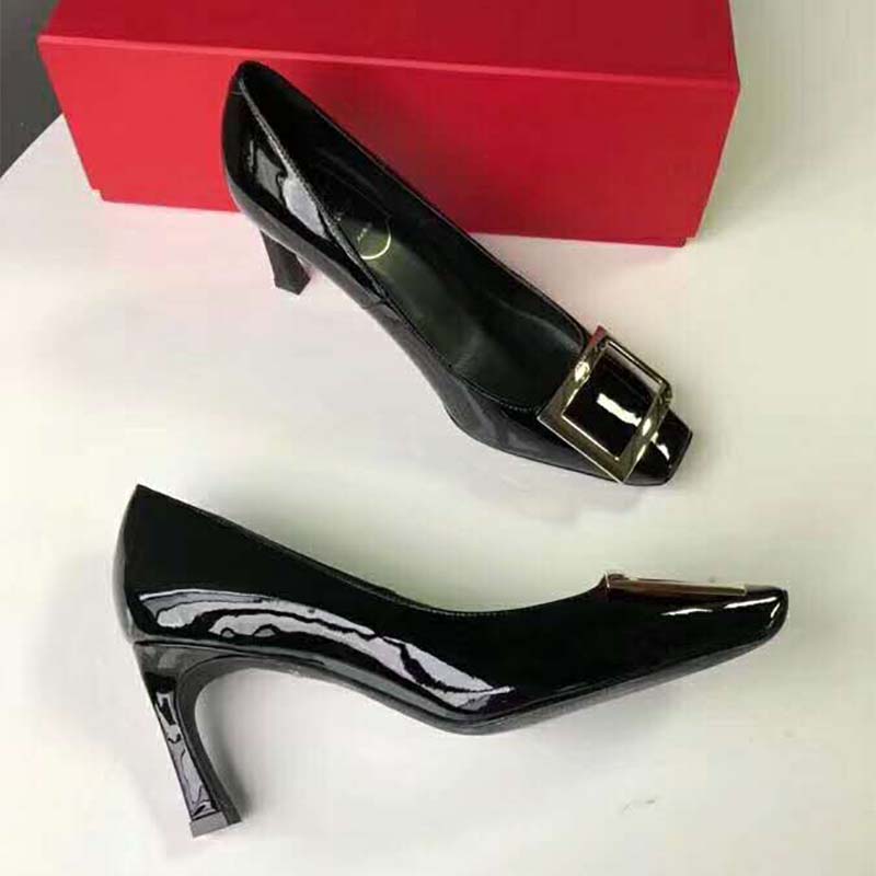 Close-up of trompette heel on Roger Vivier Belle Vivier Trompette Pumps