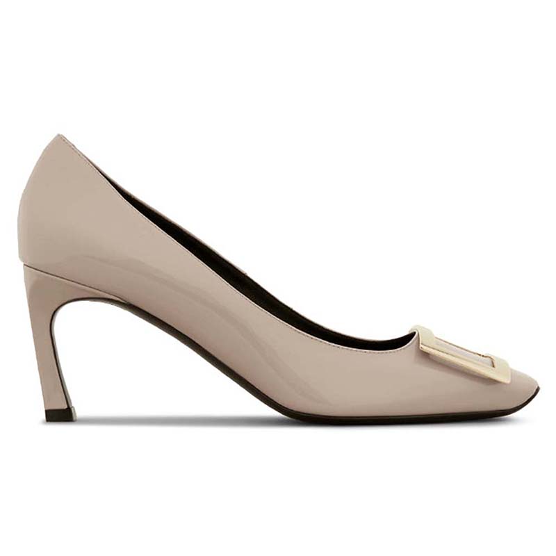 Side view of Roger Vivier Women Belle Vivier Trompette Pumps Patent Leather-Sandy