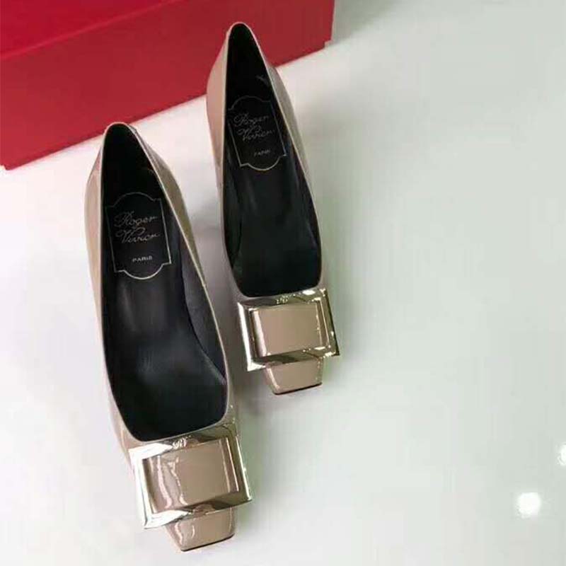 Back angle showing heel height of Roger Vivier Belle Vivier Trompette Pumps