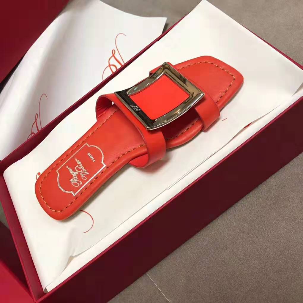 Top view of Roger Vivier Women Bikiviv’ Mules Flat Sandals-Orange leather detail
