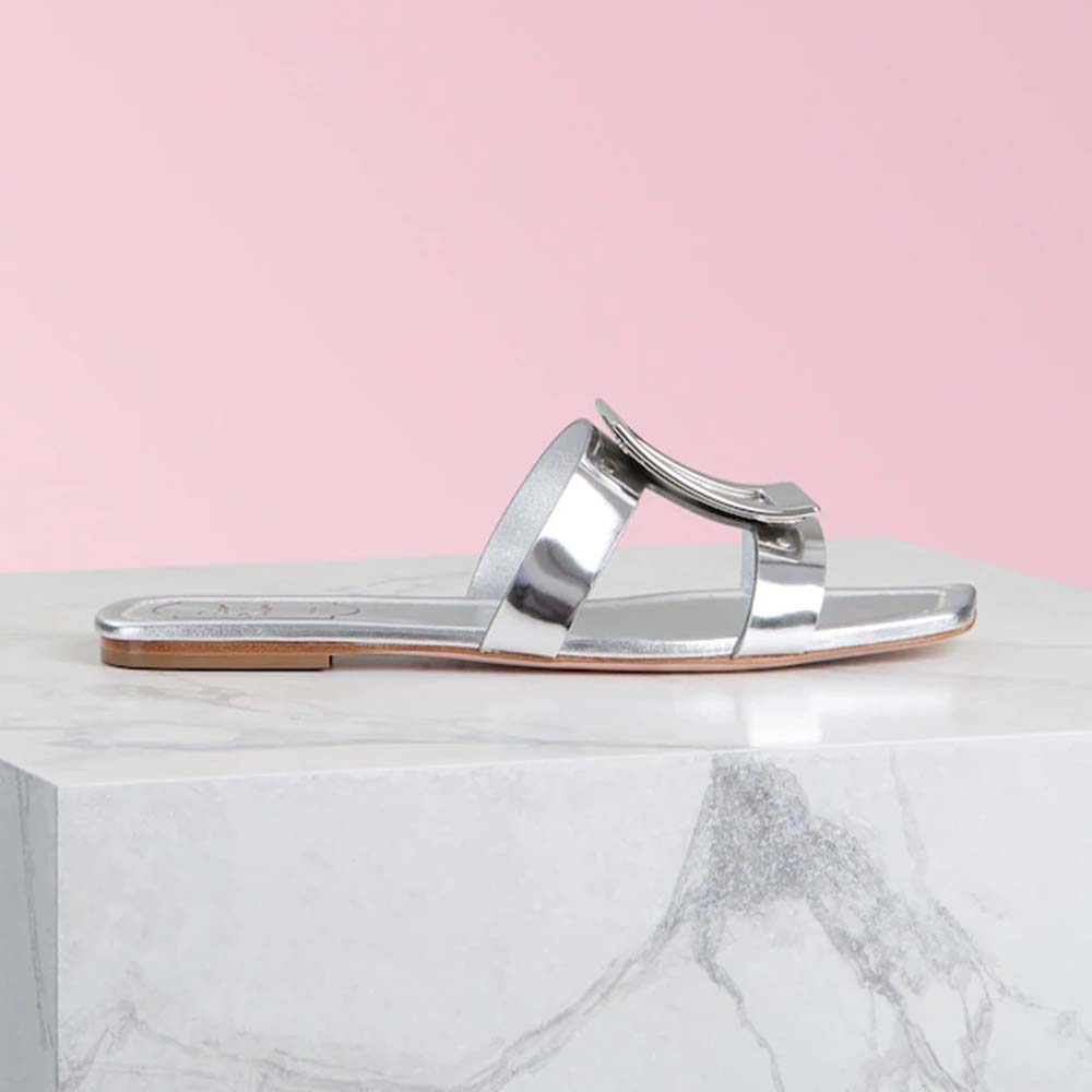 Front angle of Roger Vivier Women Bikiviv’ Mules Flat Sandals-Silver