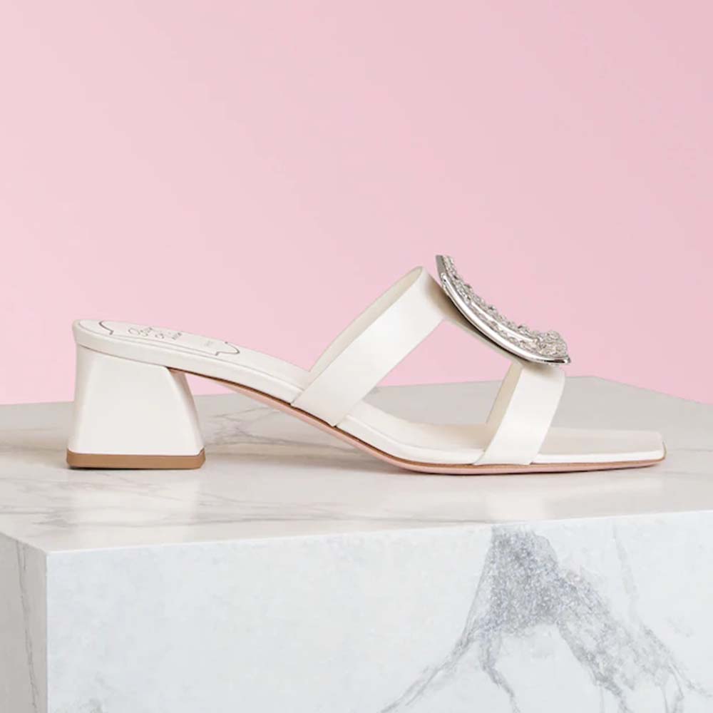 Side view of Roger Vivier Women Bikiviv’ Strass Mules-White showing strass detail
