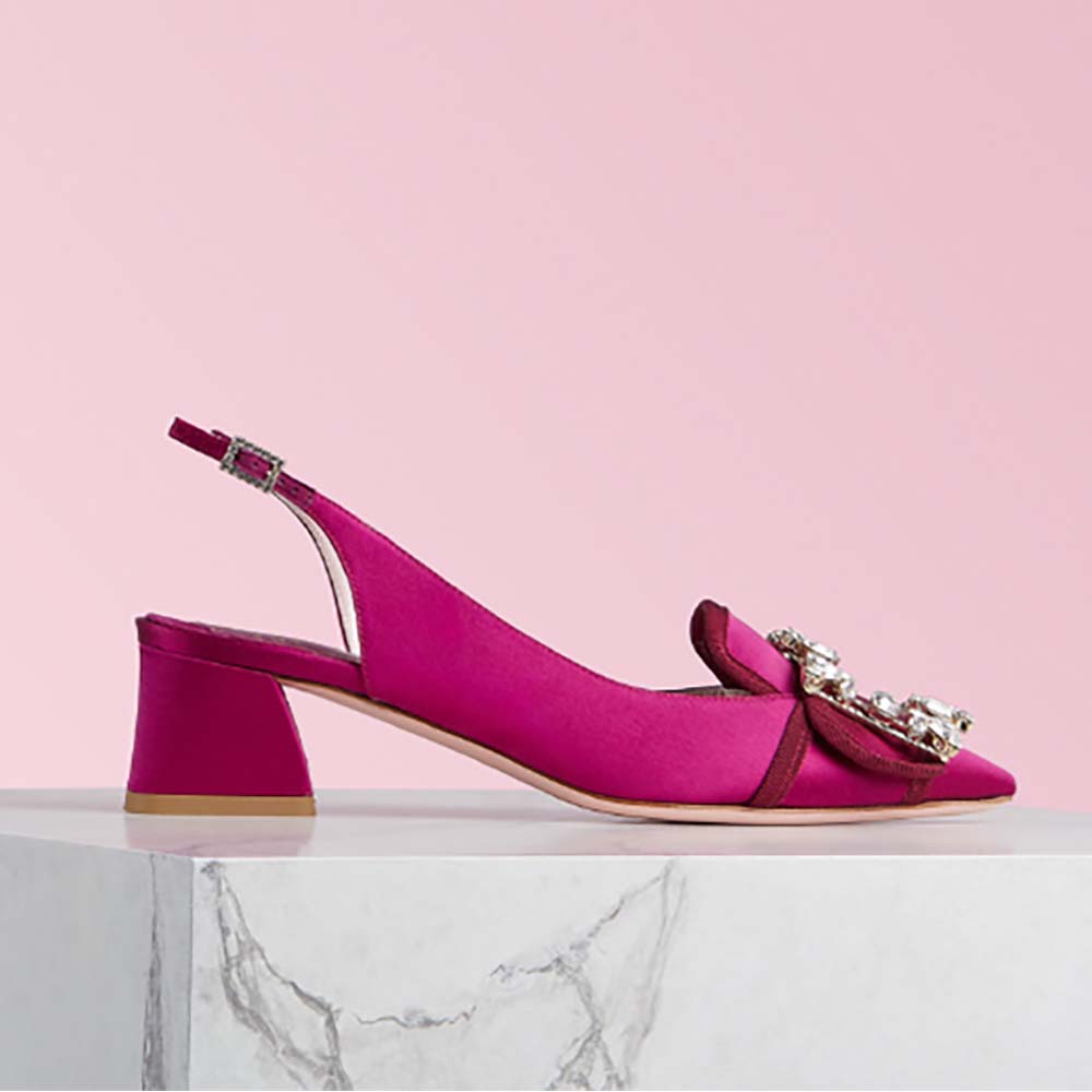 Side profile of Roger Vivier Women Broche Vivier Sling Back Pumps rose leather