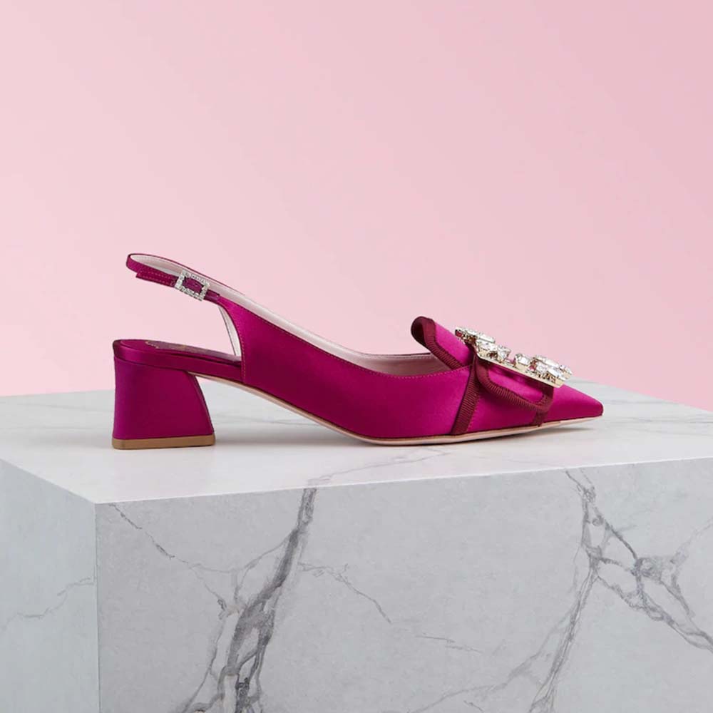 Side view of Roger Vivier Women Broche Vivier Sling Back Pumps-Rose