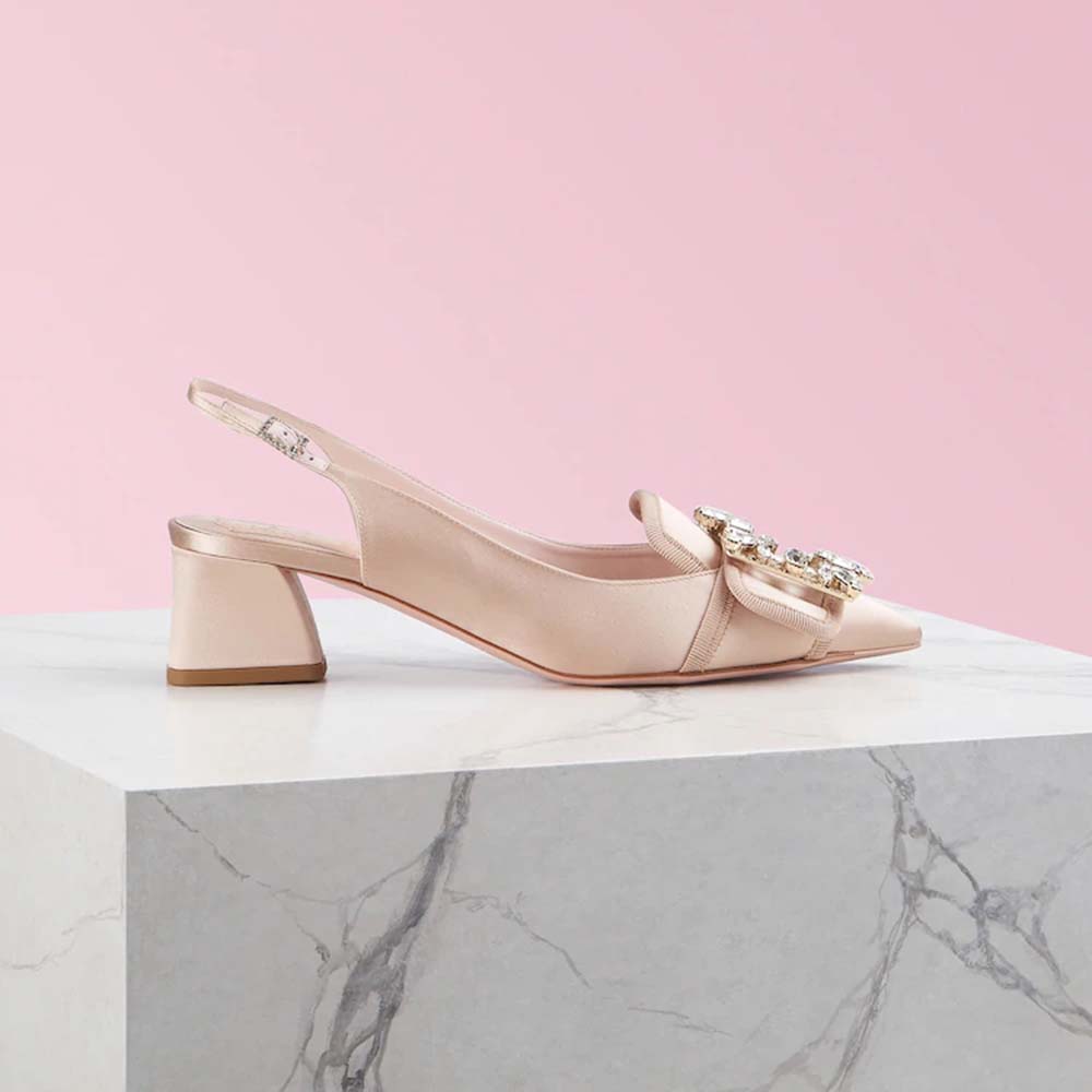 Side view of Roger Vivier Women Broche Vivier Sling Back Pumps-Sandy