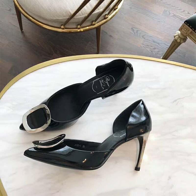 Top view of black patent leather Roger Vivier Women Dorsay Sexy Choc Chips Pumps