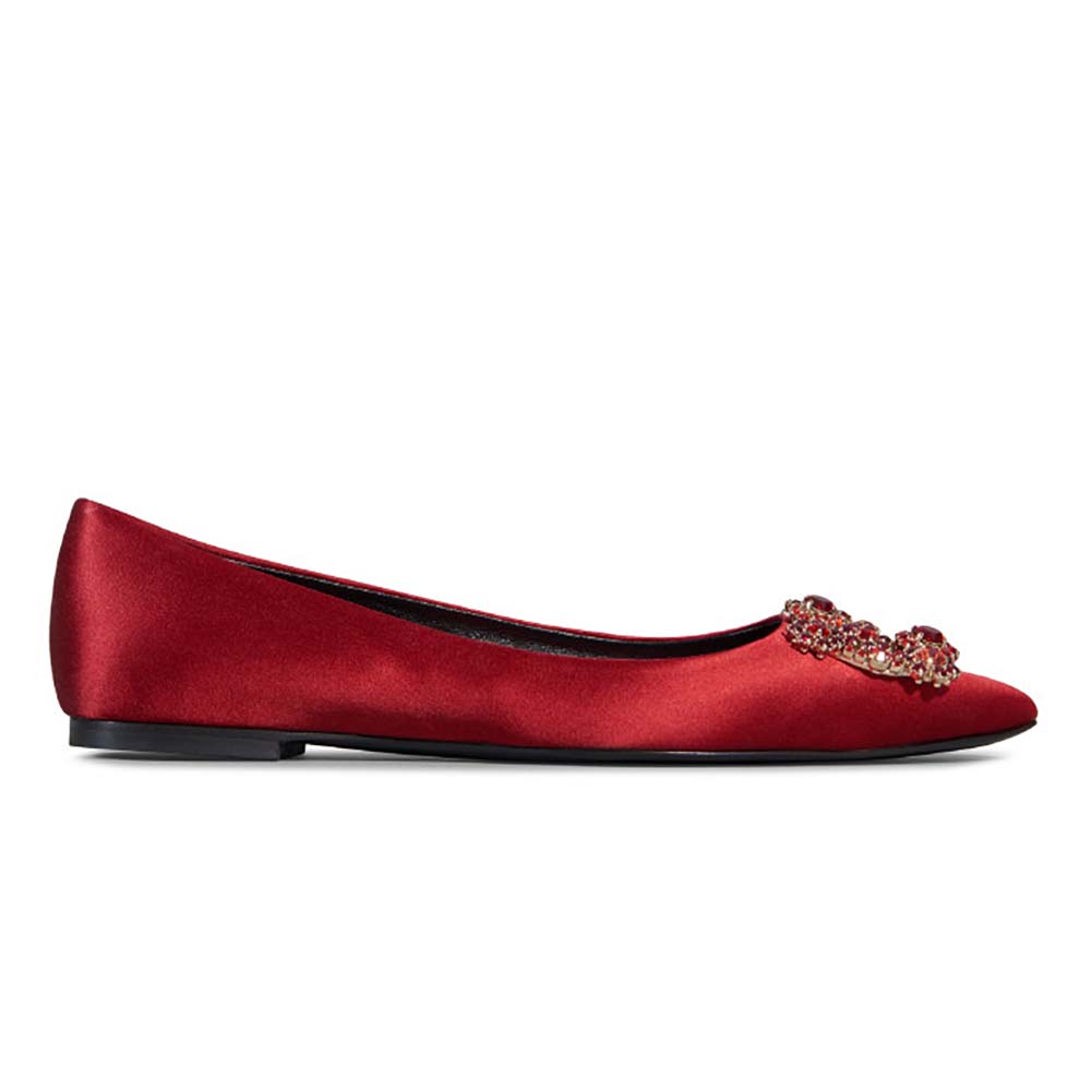 Side view of Roger Vivier Women Flower Strass Buckle Ballerinas Silk Satin 5mm Heel in red