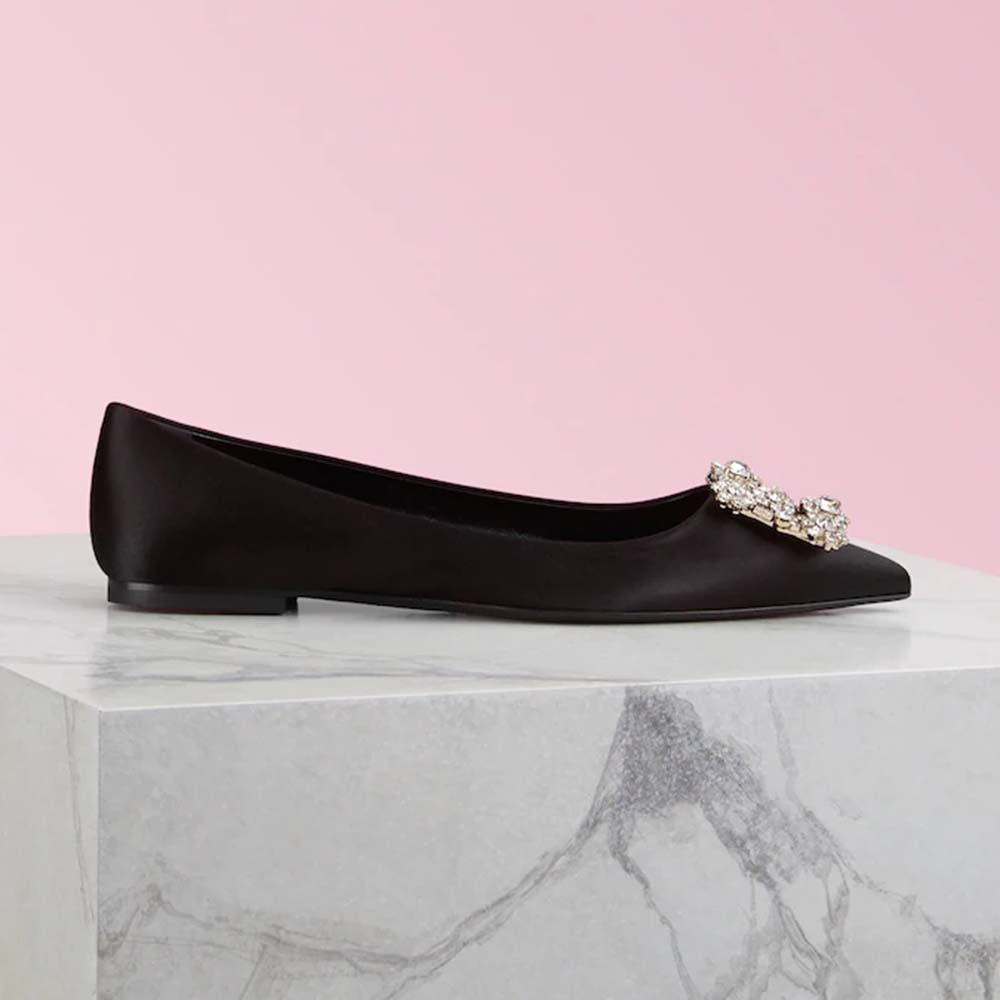 Roger Vivier Women Flower Strass Buckle Ballerinas Silk Satin-Black side profile detail