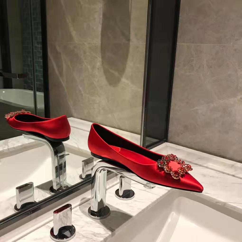 Close-up of flower strass buckle on Roger Vivier Silk Satin Red Ballerinas