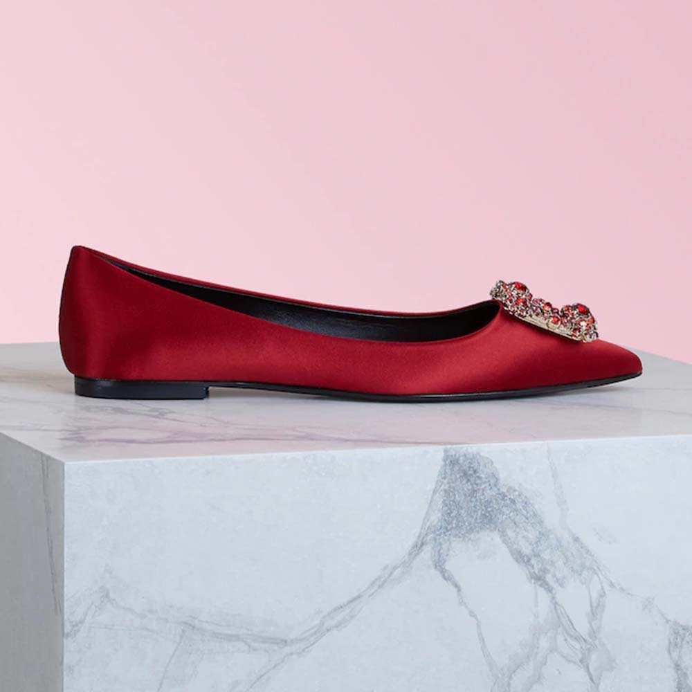 Side view of Roger Vivier Women Flower Strass Buckle Ballerinas Silk Satin-Red