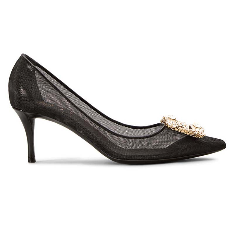 Side profile of Roger Vivier Women Flower Strass Buckle Net Pumps 60mm Heel in black