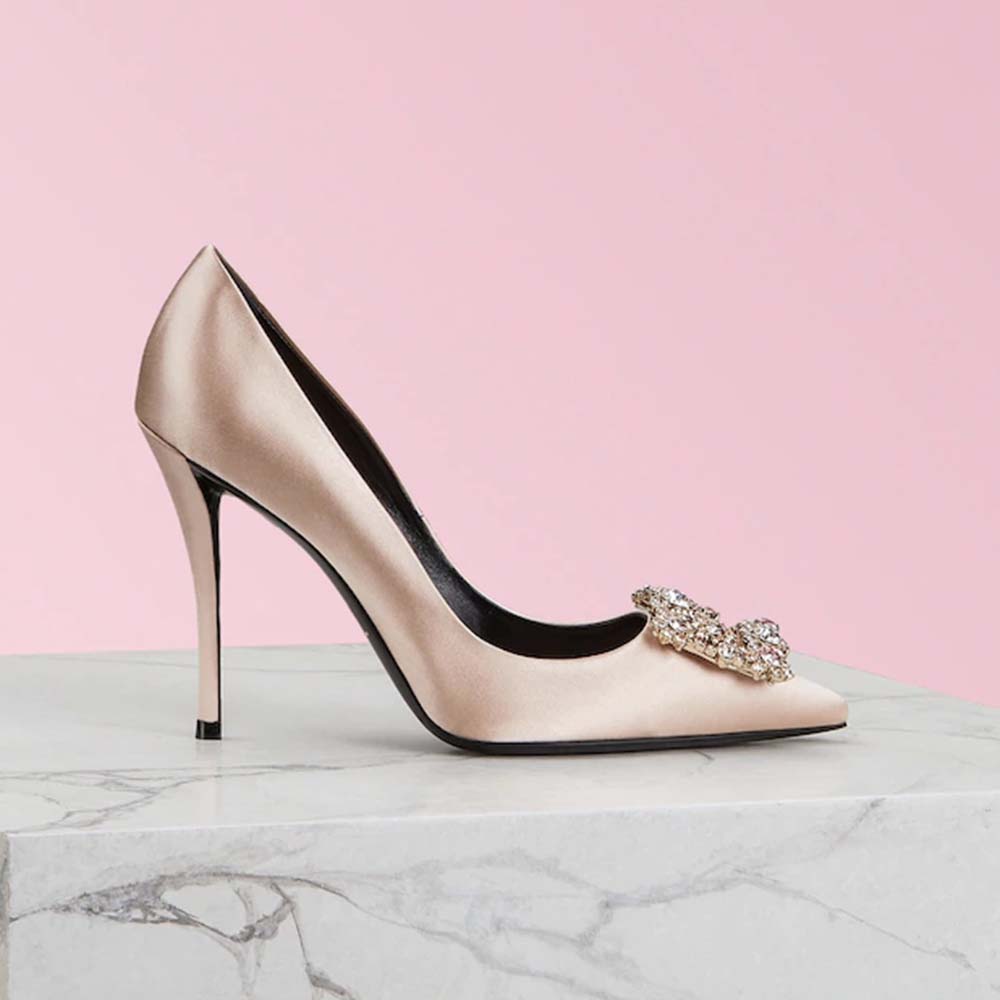 Side angle of Roger Vivier Women Flower Strass Buckle Pumps silver leather