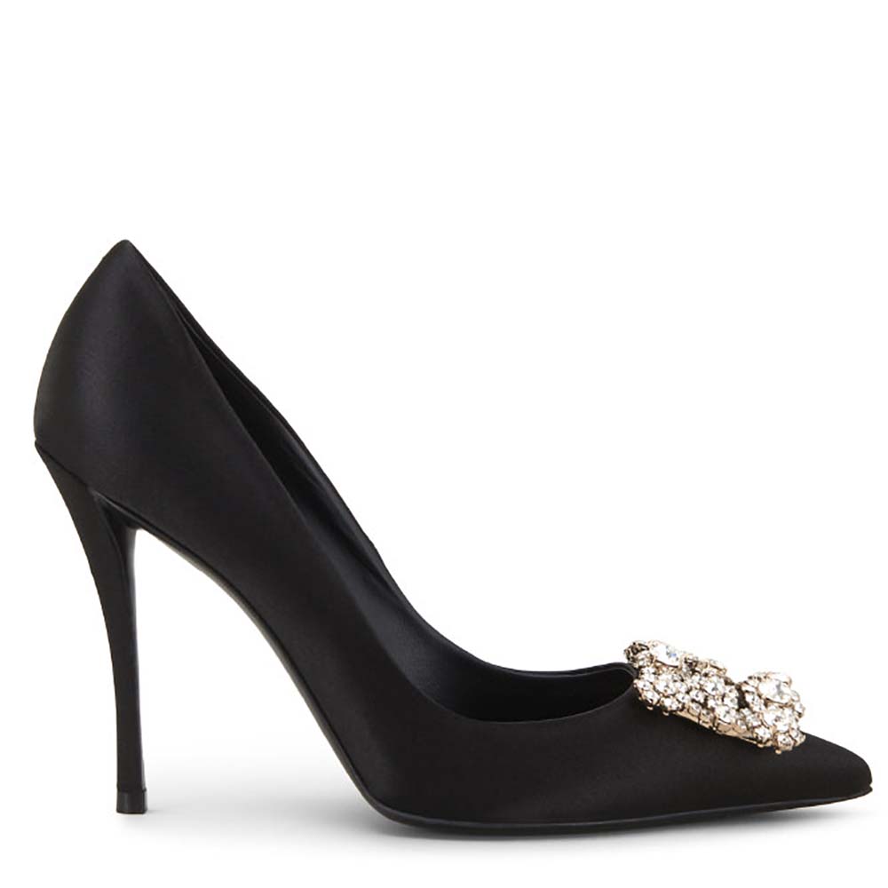 Side view of Roger Vivier Women Flower Strass Buckle Pumps 100mm Heel-Black
