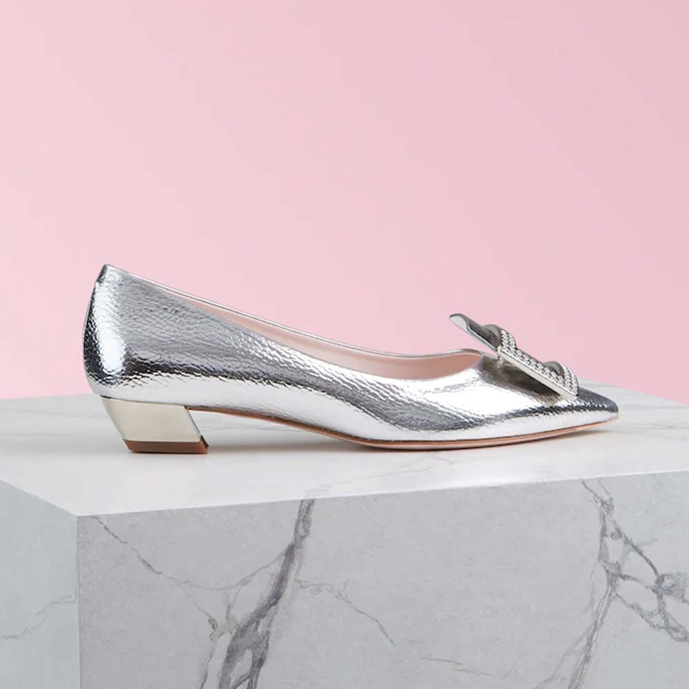 Side view of Roger Vivier Women Gommettine Strass Buckle Ballerinas-Silver