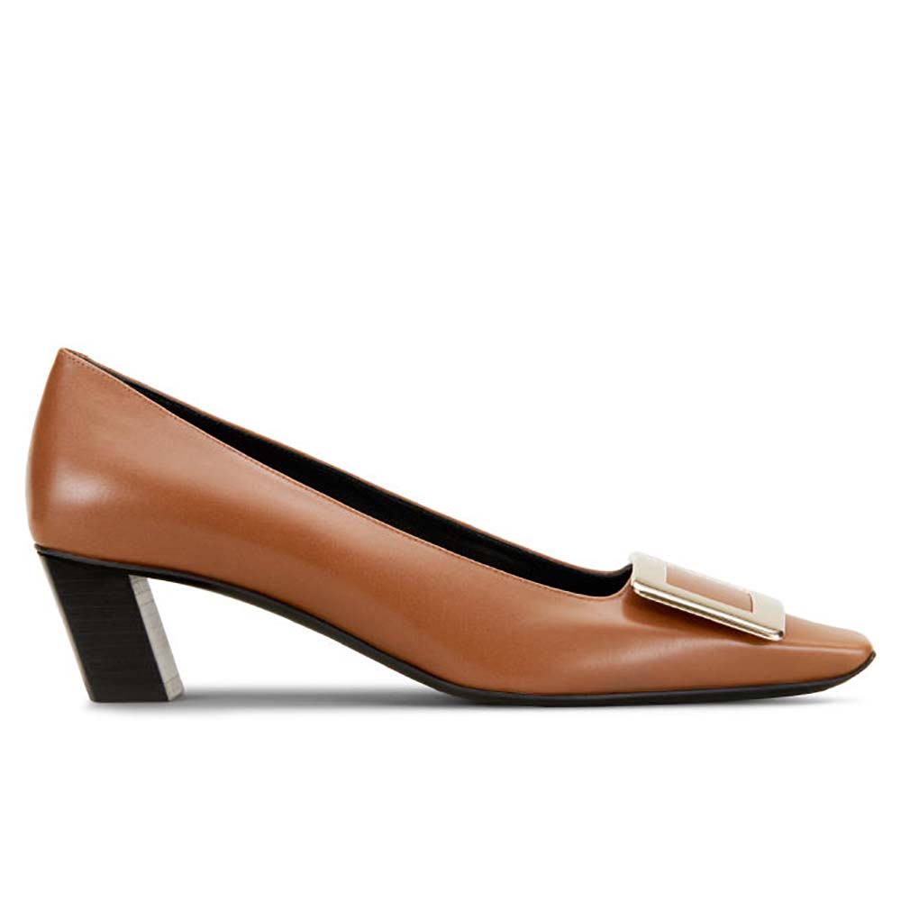 Side view of Roger Vivier Women Leather Belle Vivier Pumps 45mm Heel-Brown