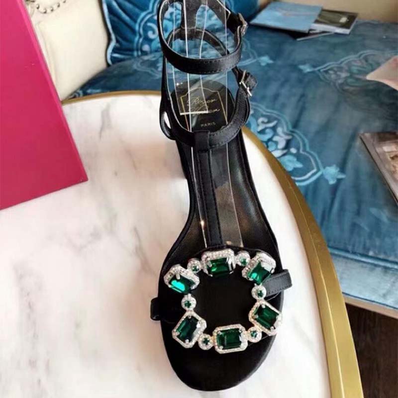 Top angle showing black leather and heel height of Roger Vivier Women Podium Crown Jewels Sandals