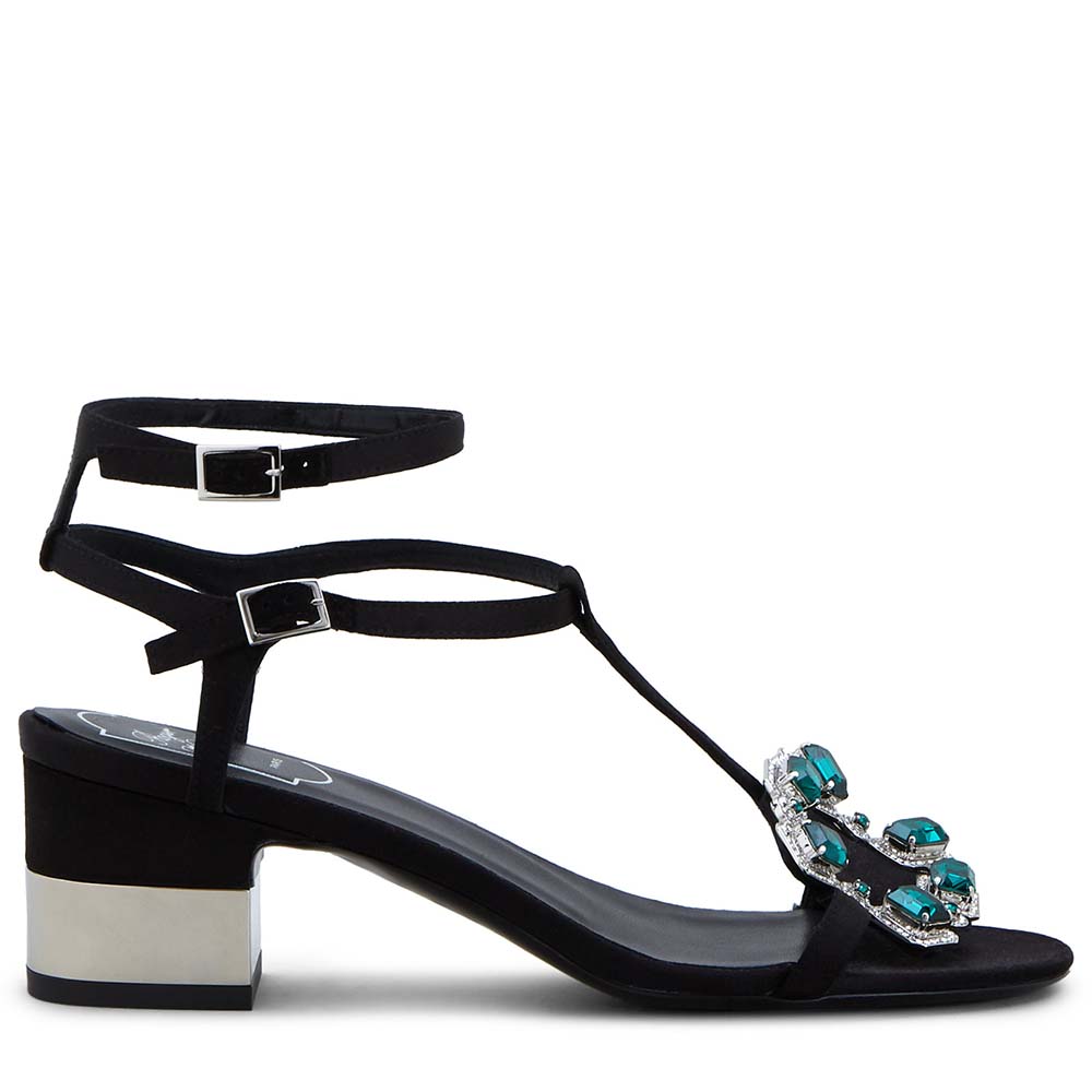 Side view of Roger Vivier Women Podium Crown Jewels Sandals 5cm Heel-Black