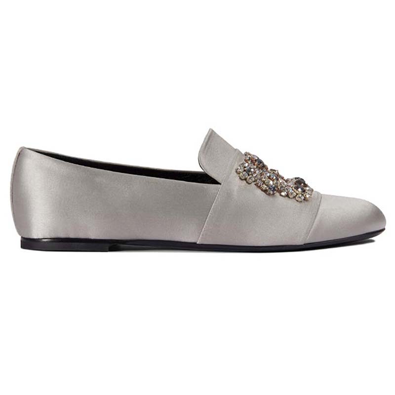 Side angle of Roger Vivier Women Shoes Flower Strass Loafers in Silk-Silver