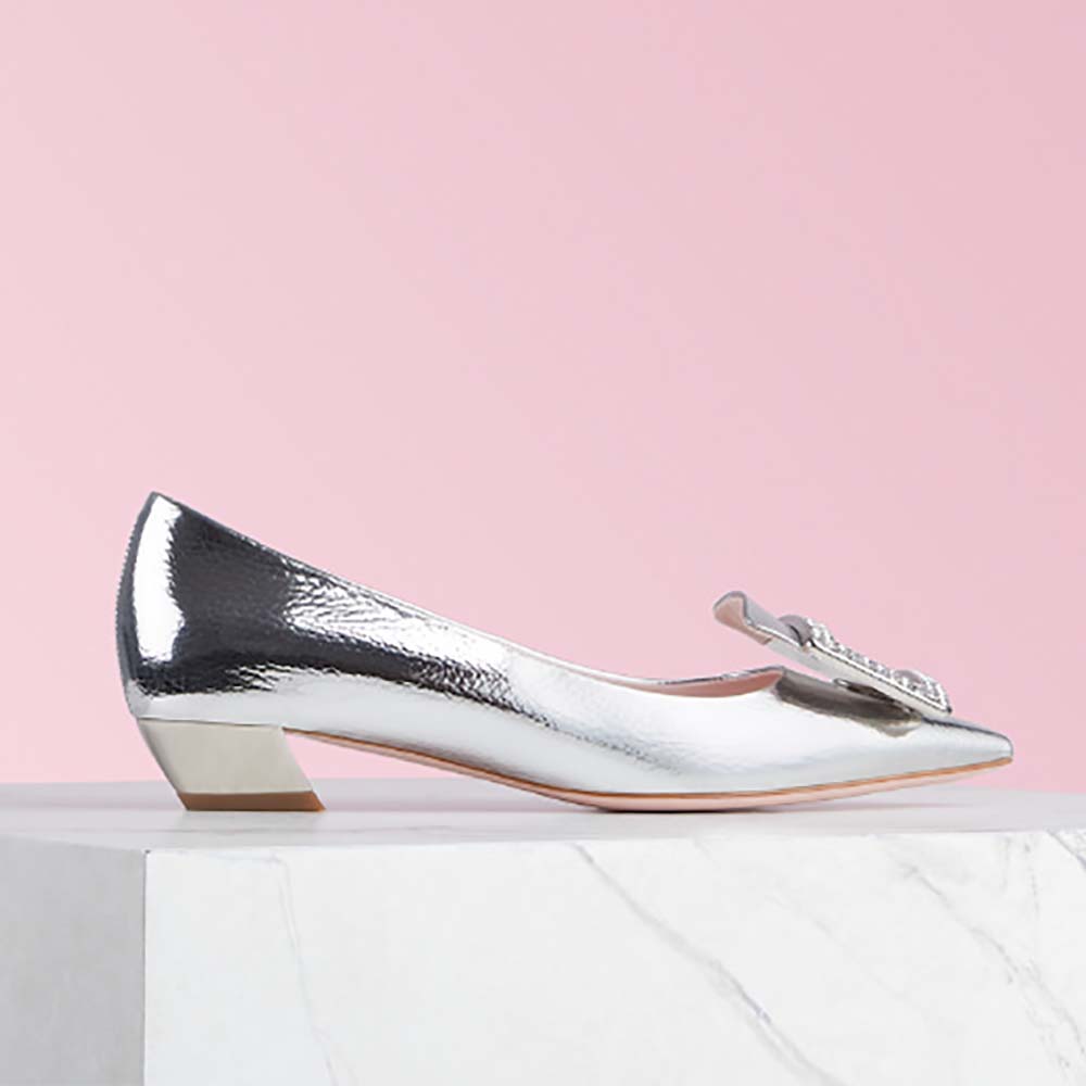 Side view of Roger Vivier Women Shoes Gommettine Strass Buckle Ballerinas 25mm Heel in silver