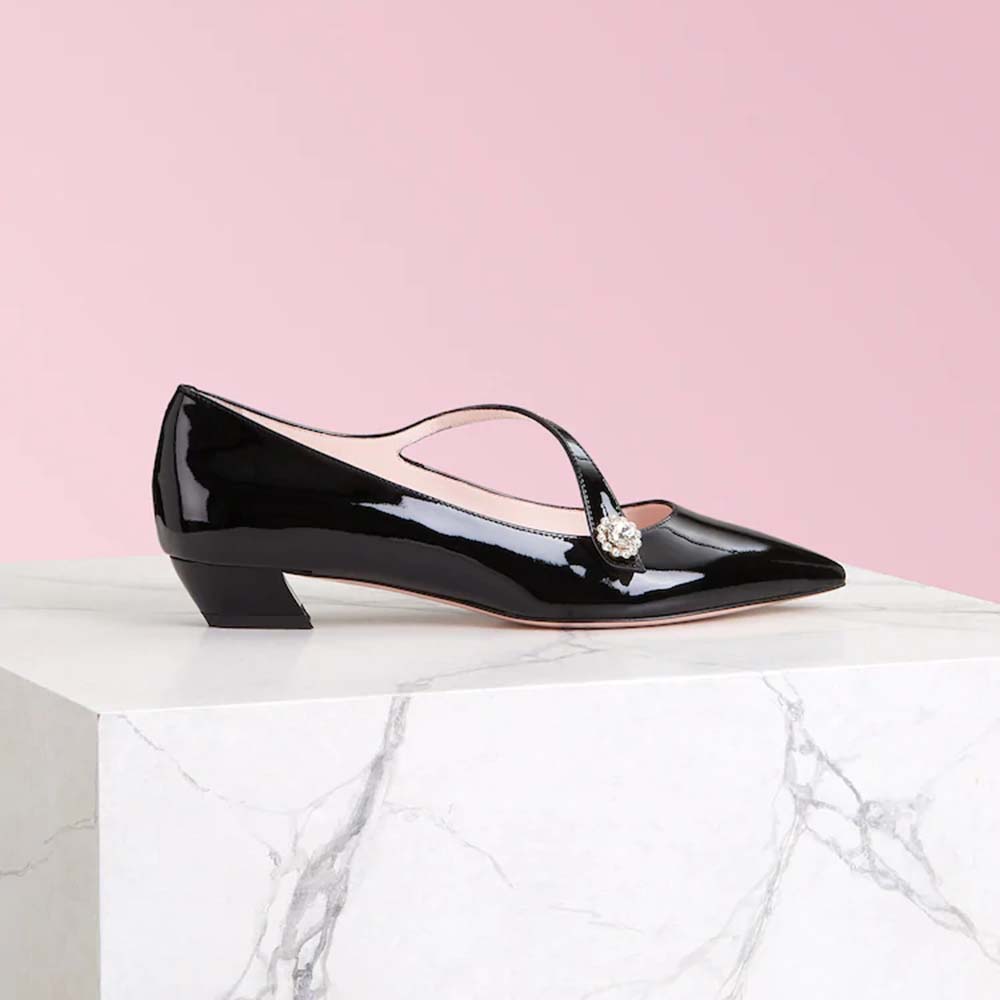 Side view of Roger Vivier Women Shoes Jewel Button Ballerinas-Black showing profile