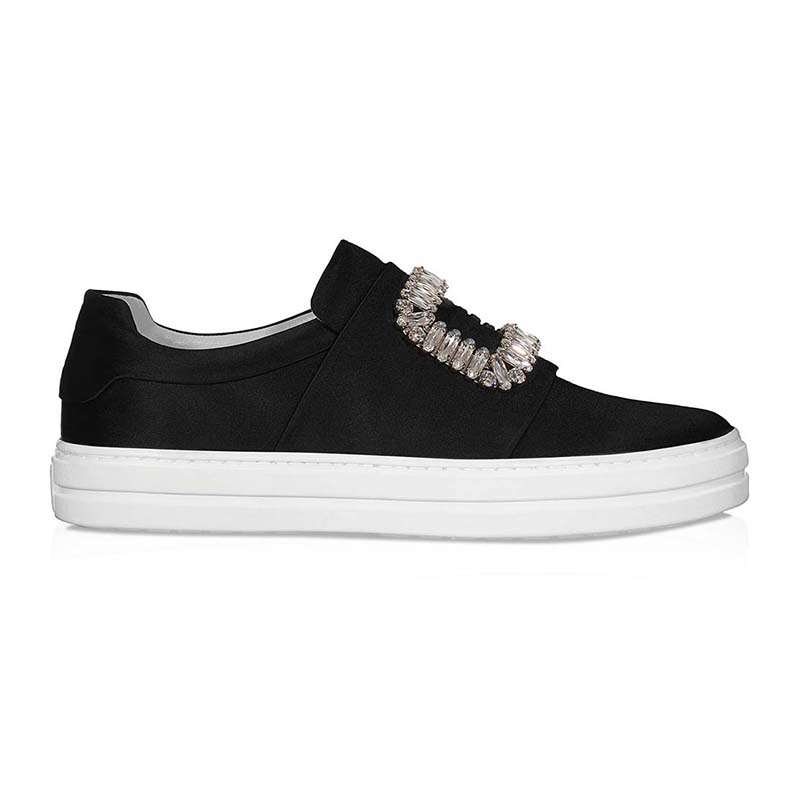 Side profile of Roger Vivier Sneaky Viv’ Strass Buckle Silk Satin sneakers
