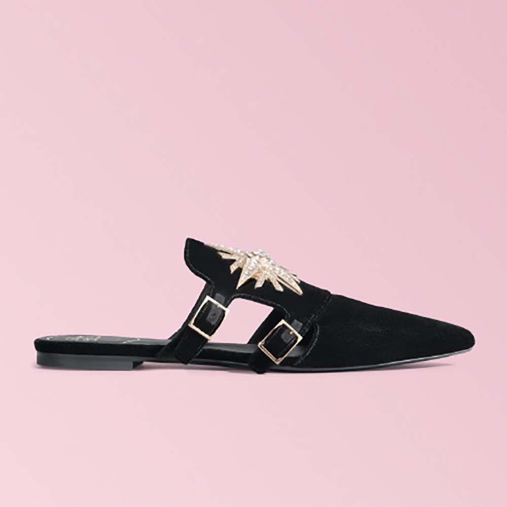 Side view of Roger Vivier Women Shoes Star Strass Mules in Velvet-Black