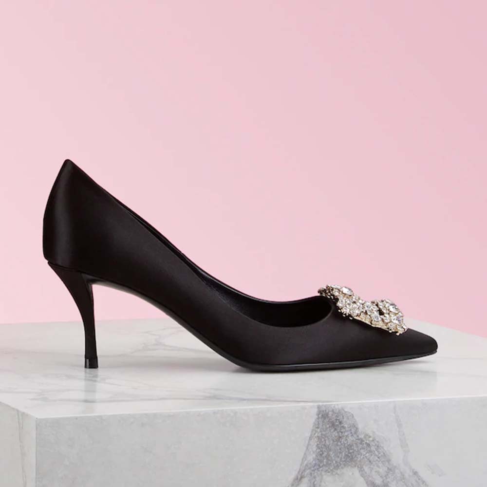 Side view of Roger Vivier Women Silk Flower Strass Pumps 6.6 cm Heel-Black