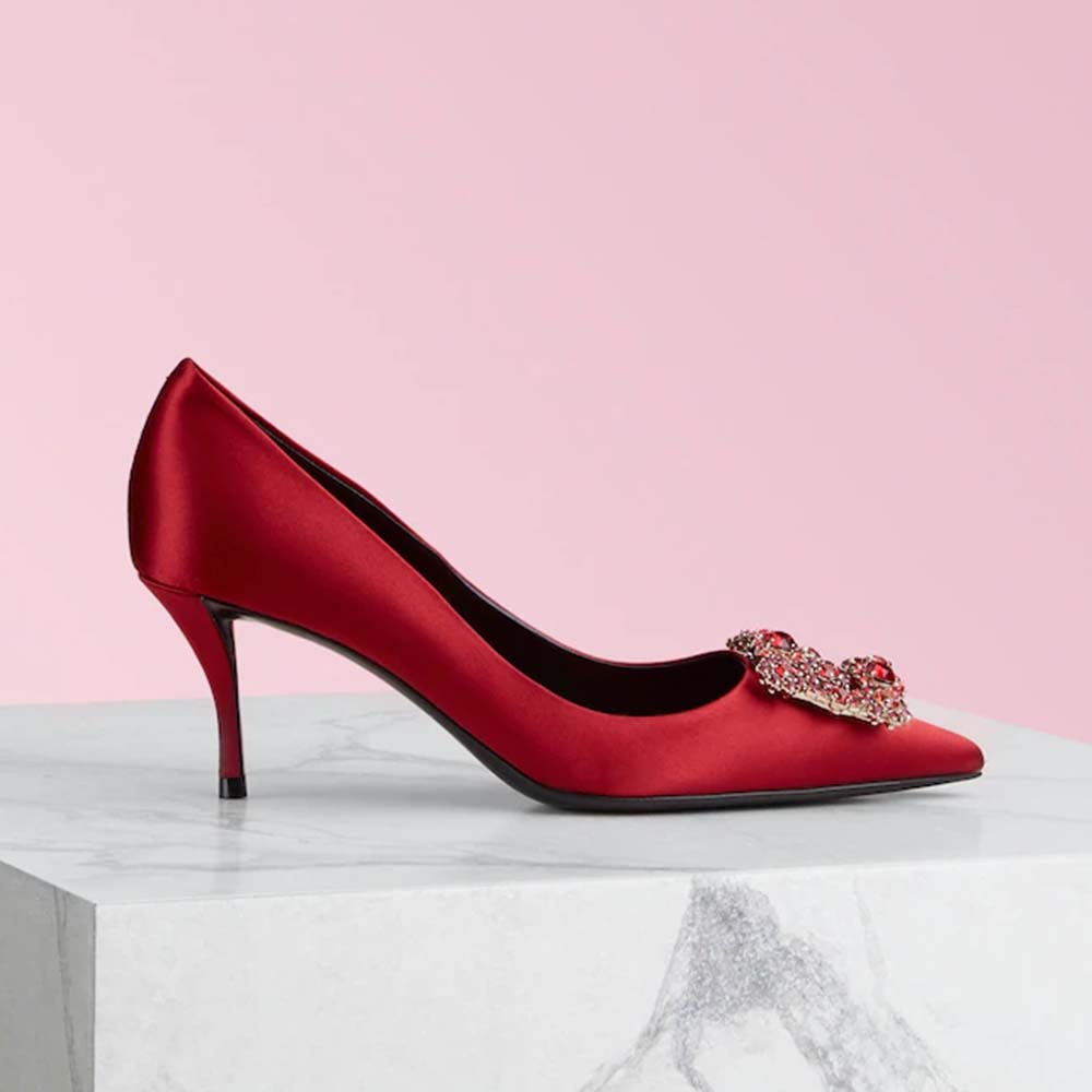 Side view of Roger Vivier Women Silk Flower Strass Pumps 6.6 cm Heel-Red