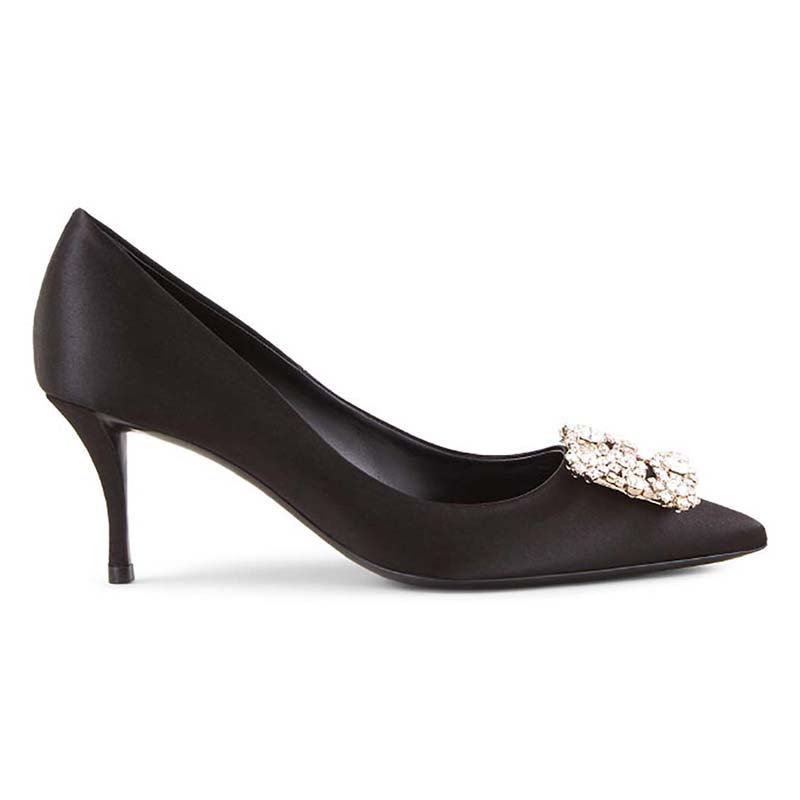 Side profile of Roger Vivier Women Silk Flower Strass Pumps 65mm Heel-Black