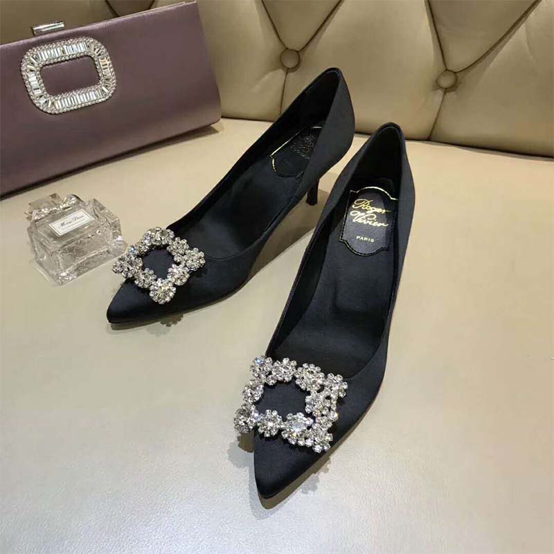 Top view showing black silk and buckle of Roger Vivier Women Silk Flower Strass Pumps