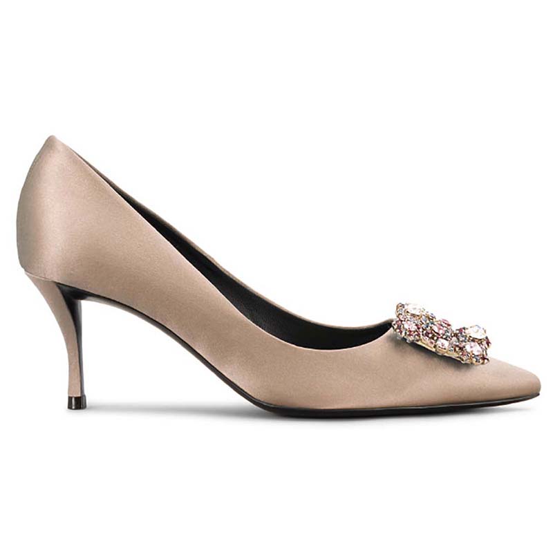 Side view of Roger Vivier Women Silk Flower Strass Pumps 65mm Heel-Gold