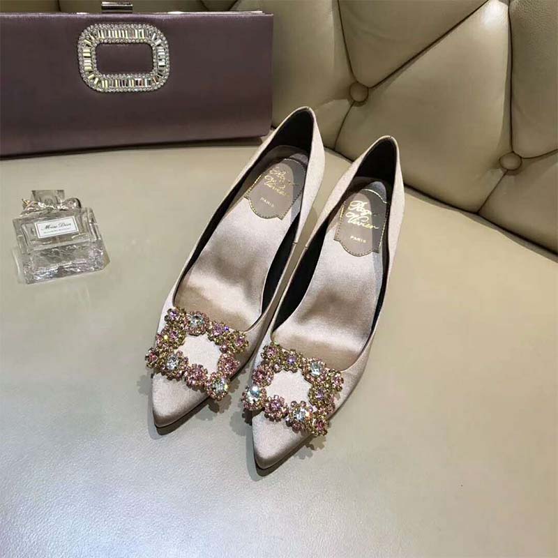 Top angle showing silhouette of Roger Vivier Women Silk Flower Strass Pumps