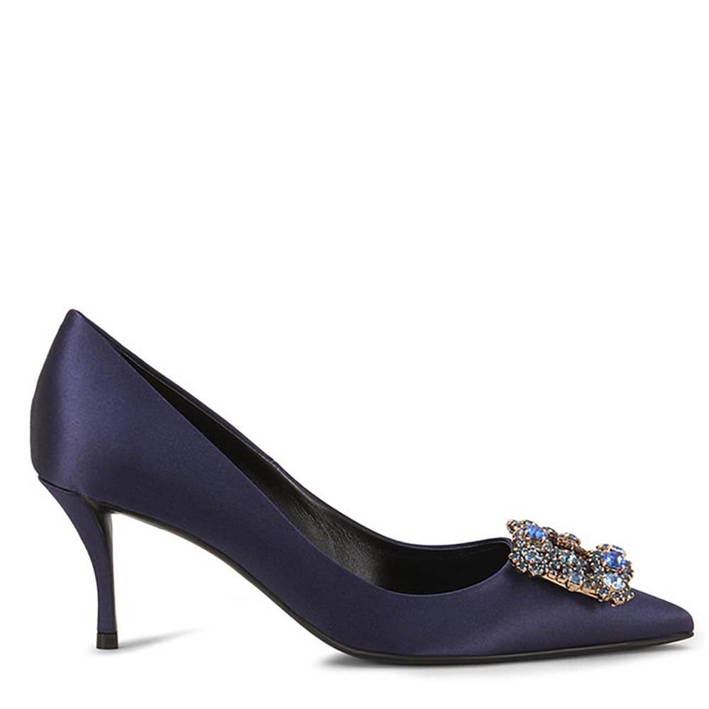 Side profile of Roger Vivier Women Silk Flower Strass Pumps 65mm Heel-Navy