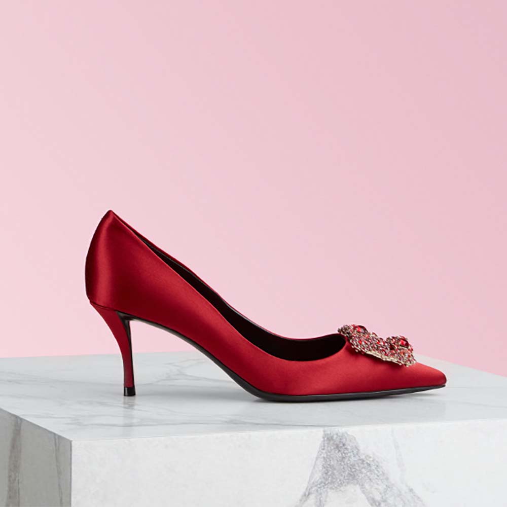 Side view of Roger Vivier Women Silk Flower Strass Pumps 65mm Heel-Red