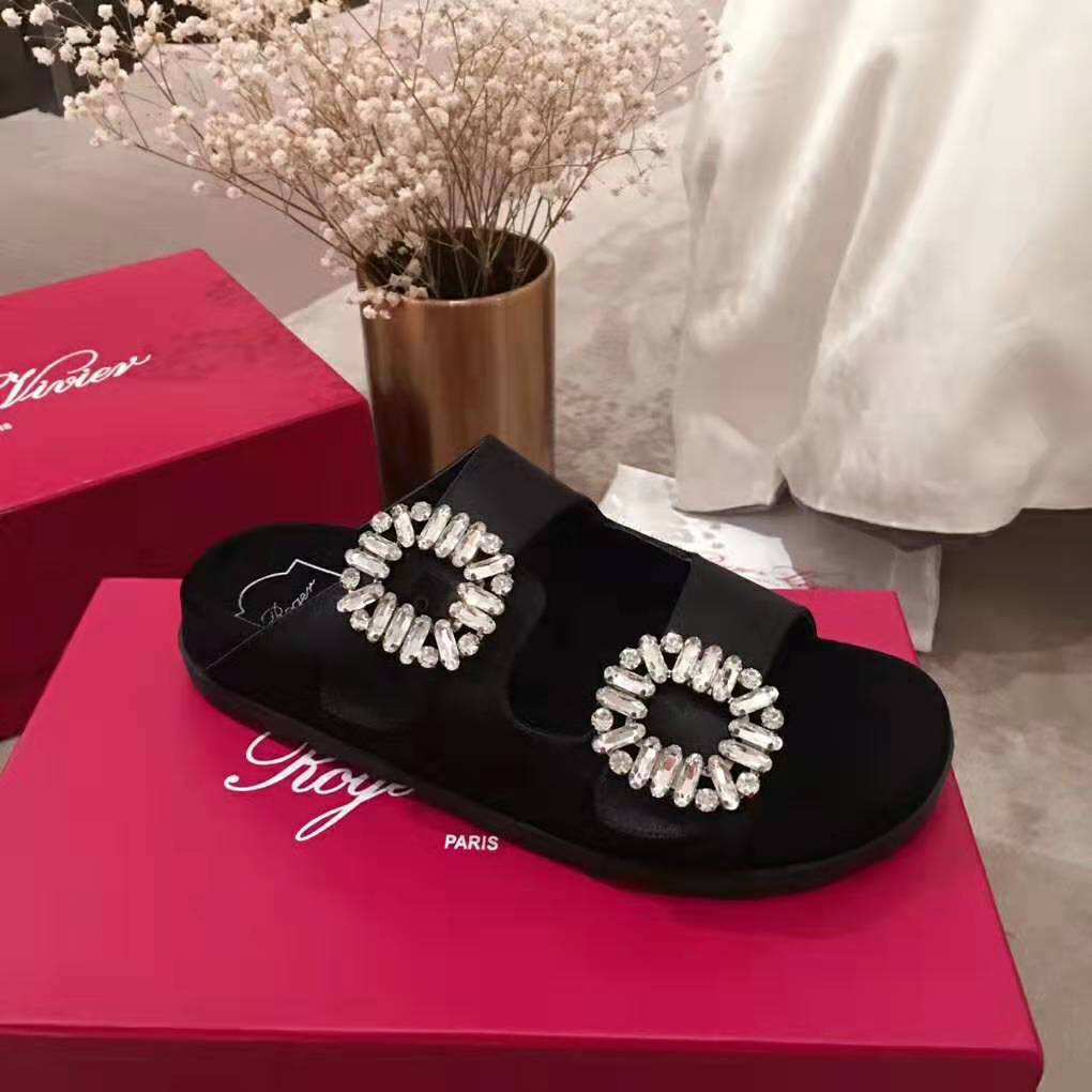 Roger Vivier Women Slidy Viv’ Strass Buckle Sandals Silk Satin-Black - image 5