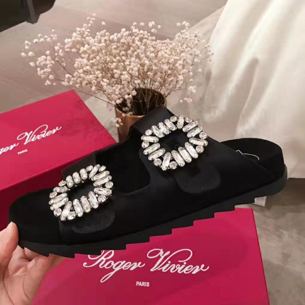 Roger Vivier Women Slidy Viv’ Strass Buckle Sandals Silk Satin-Black - image 6