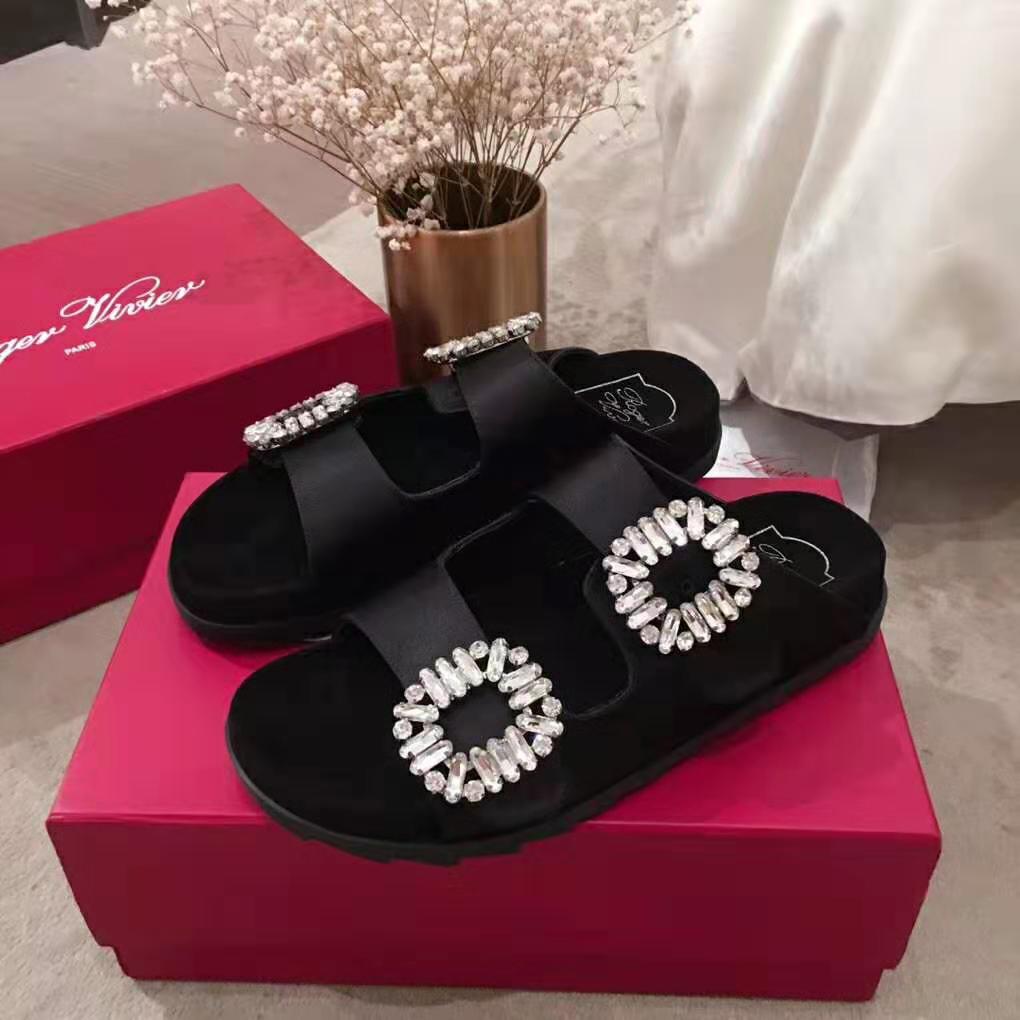Roger Vivier Women Slidy Viv’ Strass Buckle Sandals Silk Satin-Black - image 4