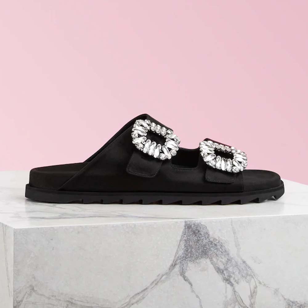 Side profile of Roger Vivier Women Slidy Viv’ Strass Buckle Sandals Silk Satin-Black