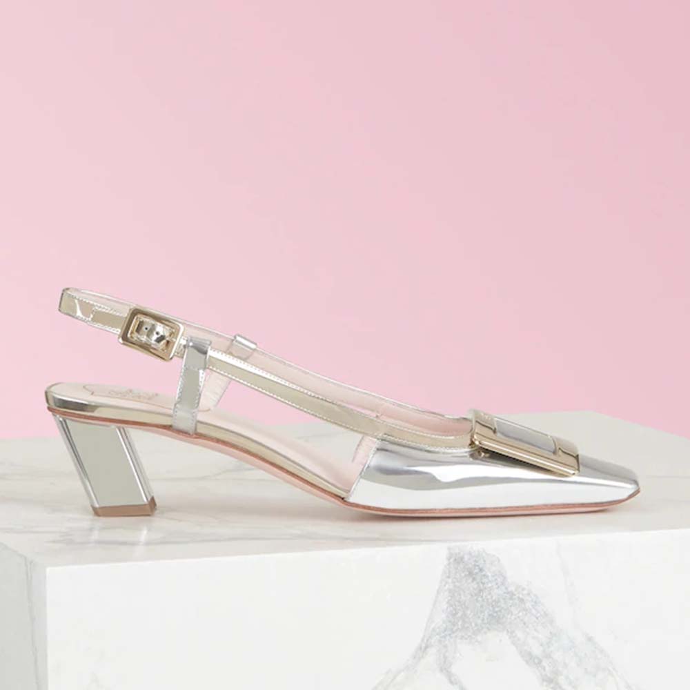 Side angle of Roger Vivier Women Sling Back Vivier Pumps-Silver showing buckle
